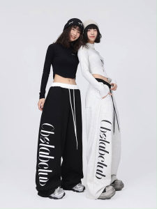[Summer casual contrast color wide-leg pants]กางเกงลำลองขายาวเอวสูงแบบผูกเชือกพิมพ์ลายตัวอักษรสไตล์ฮิปฮอปอเมริกันสตรีทแดนซ์สำหรับผู้หญิง