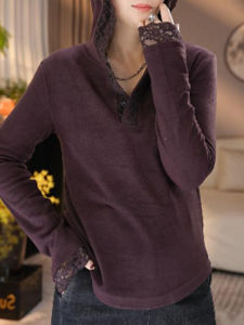 เสื้อสเวตเตอร์คอวีลายลูกไม้สไตล์หลวมสบายๆ สำหรับผู้หญิงในฤดูใบไม้ร่วงและฤดูหนาว ชุดทำงานลำลองที่สวมใส่สบาย แฟชั่นสตรีท