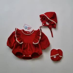 BD81 Bodysuit nhung đỏ RIOKIDS tay cánh tiên cho bé gái sơ sinh mặc thôi nôi đầy tháng Thu Đông Lễ Tết Giáng Sinh