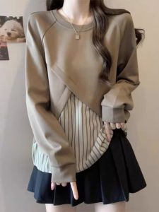 Slimming Effectiveness Fake Two-Piece Hoodie Shirt Women Early Autumn plus Size Outerwear Fat MM Gigantic Top Belly Cover Design Sense Base Shirt