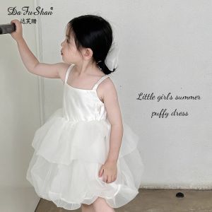 Princess Style Girls Summer Dress Korean Version High Waist Mesh Skirt Baby Puffy Skirts Childrens Clothing Soft Machine Washable