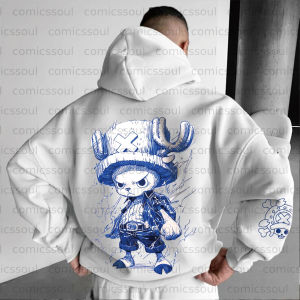 Bandai | One Piece Tony Tony Chopper Hoodie Men Women Autumn Winter Loose Casual Streetwear Running Fitness Blue Text White Sweatshirt