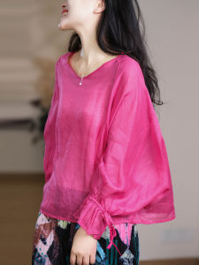 XIAOER | Fully Saturated 100% Fine Ramie Batwing Sleeve Tied Lace Sleeve Round Neck Top