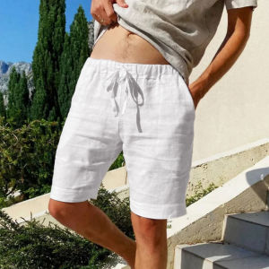 Mens Solid Color Casual Short Pants Beach Breathable Loose Straight Shorts Vintage Lace-up Drawstring Men Shorts