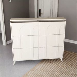 5 ตู้ ผู้จัดรองเท้า ชั้นวางรองเท้า สีขาวครีม การออกแบบที่จับที่มองไม่เห็น กว้าง 60/100/140 ซม สไตล์ครีมฝรั่งเศส