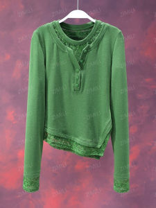 Korean Style Womens Thickened Wool Base Shirt Soluble Lace High Elasticity Winter Fashion Sweatshirt Velvet Fabric round Neck