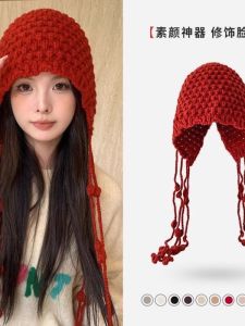 Mũ Len Dệt Kim Du Lịch Mùa Đông Cho Nữ Màu Đỏ Phong Cách Ngọt Ngào Dễ Thương Có Nơ Mũ Bảo Vệ Chống Tia UV UPF50+ Mũ Tròn Có Thể Gập Lại
