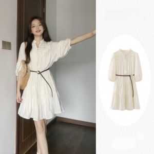 Sweet Gentle A-Line Dress Summer Spring Beach Vacation White Hollow out Skirt Loose Waist Bubble Sleeve V-Neck Midi Dress