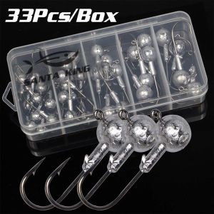 SantaKing 33Pcs Jig Heads Fishing Hooks Crappie Jigs Unpainted Jig Heads Round Ball Sharp Fishing Jigs Hooks