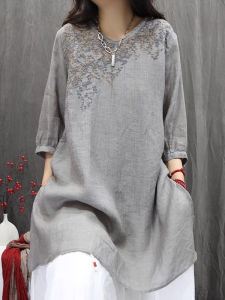 Retro Embroidered Loose Womens Shirt Dress Artistic Casual Mid-Length Korean Style Cotton Blend Summer Fashion