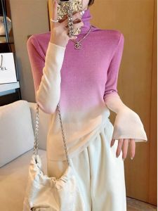 Elegant Gradient Color High Collar Soft Cashmere Knitted Sweater Womens Autumn Winter Slim Fit Base Layer Fashionable Top