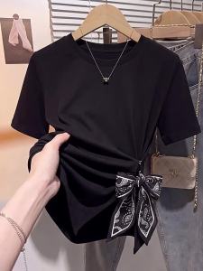 Irregular Hem Waist-cinching Large Size Black Round Neck Short Sleeve Tee