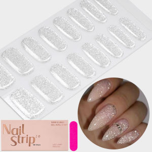 16Tips/Box Glitter Semi Cured Gel Nail Stickers Full Cover Self-Adhesive Press On Nails Art Wraps UV LED Needed Manicure Strips