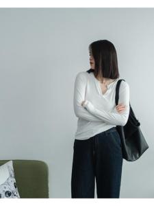 Slim Fit V-Neck T-Shirt Elastic Waistband High Stretchiness Solid Color Commute Style Chinese Production Moisture Wicking Long Sleeve