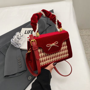 Túi Xách Da PU Màu Đỏ Hoa Văn Kẻ Caro Nhỏ Cho Nữ Túi Xách Đeo Vai Đơn Giản Cho Đám Cưới Túi Xách Nữ Mùa Đông 2025 Mới