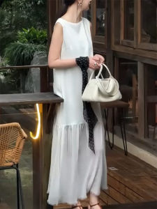 QINGNAER | French Simple Gentle Casual Plus-size Women White Sleeveless Dress