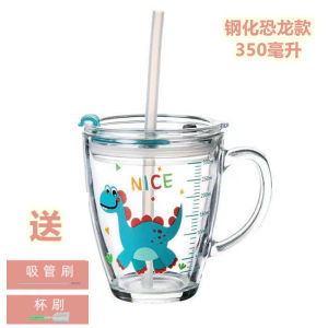 Tempered Glass Water Cup with Scale Childrens High Temperature Resistant Milk Cup Anti-Fall with Cover Microwave Oven Straw Stop Breastmilk Feeding Cup