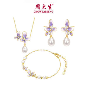 CTS S925 Silver Necklace Bracelet Earrings Jewelry Set Pearl Wisteria Flower Shining Jewelry CHOW TAI SENG 周大生 S1HC0501 S1PC1446 S1EC0581