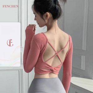 Superflower Áo Thun Nữ Tập Yoga tay dài hở lưng co giãn với áo thể dục thể thao miếng đệm ngực