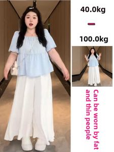 Fashion Plus Size Fat Girl 100.00kg Suit Womens Summer Fancy Blue Short-Sleeved Tops Breathable Piaoyi Skirt Pants