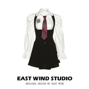 EAST WIND สไตล์อเมริกัน ปักแขนฟอง ปกโปโล แขนยาว เดรสเชิ้ต สูง เอว ทรงเอ กระโปรงสั้น