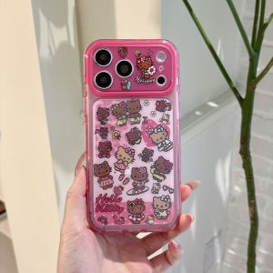 Sanrio | Ốp Điện Thoại iPhone 15/16/17 Pro Max Hello Kitty Hoạt Hình Màu Hồng Đỏ Toàn Màn Hình Chất Liệu Da Đen Chống Sốc Chống Xước Chống Bụi