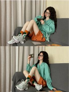 Cuba Collar White Green Cotton Shirt Womens Fashionable French Design Dopaamine Outfit Pure Cotton Top Long Sleeve Regular Fit