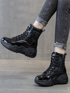 Womens Short Snow Boots 2023 Winter Fashion Anti-Slip Fleece Lined Martin Boots Inner Heightening PU Leather Booties