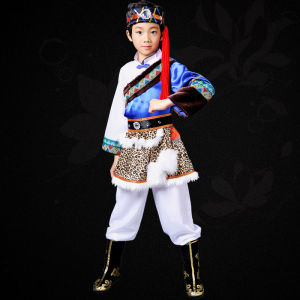 New Childrens Performance Clothing Childrens Minority Stage Costume Mongolian Tibetan Hezhe Boys Performance Costume and Accessories