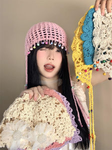 Colorful Flower Tassel Headband Hat Womens Summer Hollow Bohemian Overhead Cap Retro Ethnic Style Knitted Hat Spring Autumn