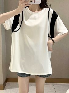 Retro Design Cotton Silk Summer New Style T-Shirt Womens Loose Casual Short Sleeve Top Artificial Cotton Cute Patchwork