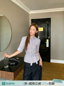 Polo Neck Stripe Shirt With Bow Tie Slimming Womens Top Summer 2026