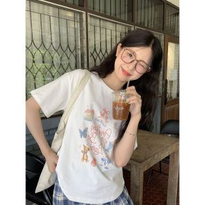 Loose Casual Cartoon Print Short Sleeve T-Shirt Womens Fashion Slimming Top Vintage Anti-aging Cotton Blend Comfortable