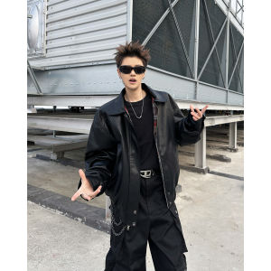 แจ็คเก็ตบิดาบ้านสไตล์อเมริกัน PU หนังสีดำ แจ็คเก็ตบิดาบ้านแบบสวมสองด้านสำหรับผู้ชาย เสื้อคลุมกันหนาวลำลอง ปกเปิดด้านหน้า แขนยาว