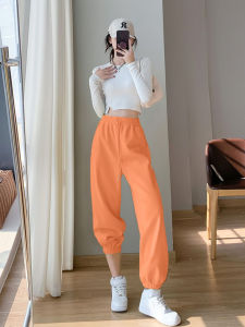 Orange Fleece Lined Joggers Womens Loose Casual Street Style Sport Pants High Waist Cotton Blend Comfortable Autumn Winter