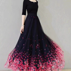 2025 New Fashion Anti-Aging High-End Sensation French Style Floral Skirt Full Swirl Tulle Gradient Printing Draping Semi-Body Skirt