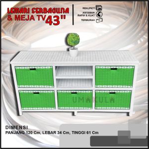 Lemari rak rotan sintetis type rak laci 6 dvd motive rantai rangka warna putih model terbaru th 2024