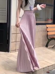 98cm Basics Maxi Pleated Skirt for Women New Korean Casual All-match Solid A Line High Waist Long Maxi Skirt Female