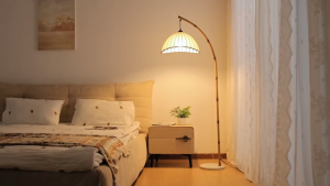 Retro Bamboo Floor Lamp - Unique Bohemian Hanging Arc Floor Lamp with Antique Rattan Style Dimmable