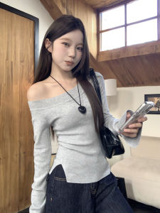 เสื้อสเวตเตอร์ถักแขนยาวทรงสลิมฟิตสำหรับผู้หญิง สีเทา ไหล่เปิด ฤดูใบไม้ผลิ 2024 เสื้อผ้าทำงานสไตล์เกาหลี คอวี ปกติ