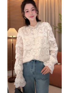 เสื้อเชิ้ตคอตั้งแขนยาวผู้หญิง ปักลูกไม้ ปักลาย ทรงหลวม สไตล์ทำงาน แขนกระดิ่ง ปกโปโล สีพื้น กระดุมเดียว