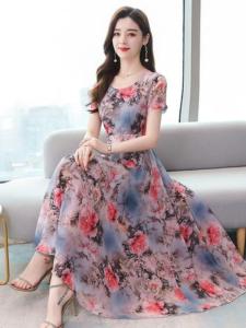 Fashionable V-neck Ice Silk Printed Dress 2022 Spring Summer Slimming Knee-length Pocket Square Korean Style Casual Stripe