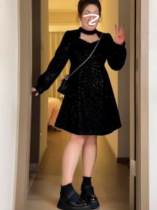 plus Size Womens Glowing Red Dress Korean Style High Waist A-Line Short Skirt Long Sleeve Base Layer Dress for Autumn Winter