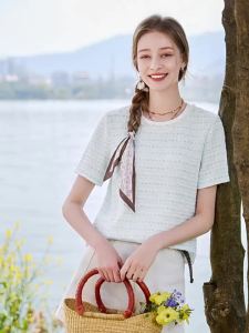 XIANGYING | Elegant Stripe Textured Sparkle Short Sleeve T-Shirt