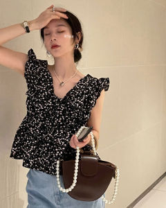 Floral Print Womens Shirt Summer V-neck Tie Design Sensation Lace Trim Shoulder Bared Sleeveless Tank Top Inner Wear Ins Style