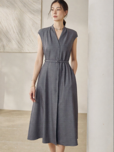 Roey s house | Elegant V-neck Sleeveless Grey Stylish Workplace Belts Waist-cinching Dress