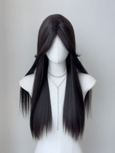Womens Full Head Wig Long Hair Parted Bangs Black Straight Lolita Daily Whole Head Wig Natural Face Shaping Long Straight Hair