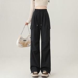 American Style Straight Leg Loose Womens Work Pants Purple High Waist Elastic Waistband Casual Trousers for Traveling