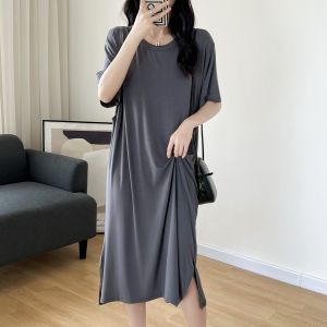 ชุดเดรสยาวฤดูร้อนแบบไร้สายแบบบางสำหรับผู้หญิงตั้งครรภ์ ผ้าโมดอล คอกลม แขนสั้น เอวหลวม ทรง H สีพื้น