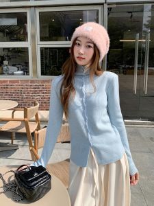 French Vintage High Collar Button Long Sleeve Knitted Sweater Womens Slim Fit Inner Wear Base Shirt Commute Style Soft Material